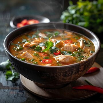 Thai tom yum soup chicken spicy broth lemongrass galangal steaming bowl authentic Thai cuisine dramatic lighting fresh herb garnish high detail photography