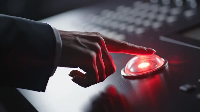 Individual presses red button on control panel in dimly lit room. Focus on hand action and device. Concept of technology, control systems, security
