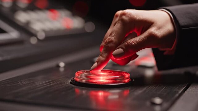 Hand engages red button on control panel. Dark environment with glowing lights enhances focus on interaction. Concept of technology, control systems, device management
