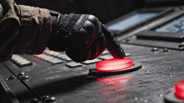 Hand presses red button on control panel in industrial environment. Control panel shows various monitoring devices. Concept of technology, industry, automation and safety