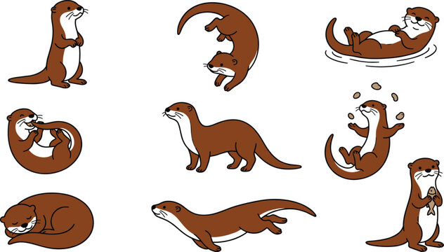Cute Otter Character Set Featuring Otters in Various Poses Swimming, Rolling, Sitting, and Playing for Playful and Whimsical Illustrations