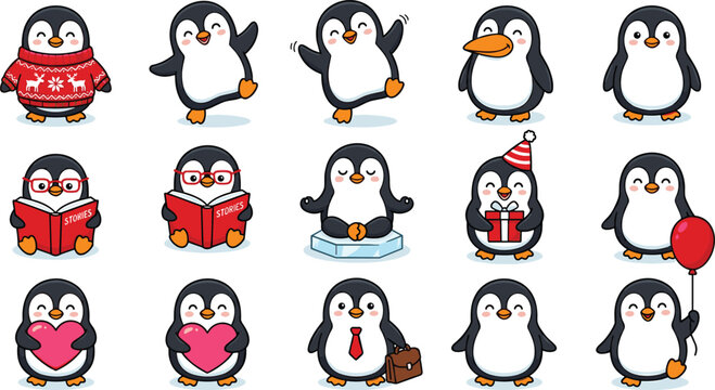 Cute Penguin Character Set Featuring Penguins in Different Poses, Costumes, and Accessories for Playful, Winter, and Holiday Illustrations