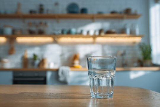 A half empty glass with water sits on a wooden table in a kitchen lit by natural light