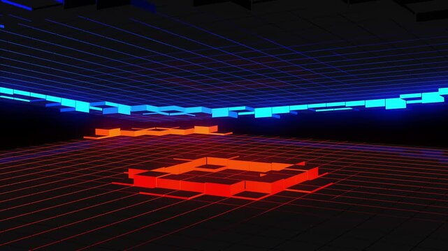 Bright waving cubic pattern surface with red floor and blue ceiling rotating
