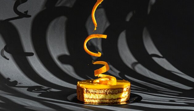 Artistic orange cake with floating peel spira