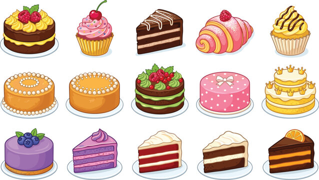 Colorful Cake and Dessert Vector Set Featuring Layer Cakes, Cupcakes, Rolls, and Slices for Bakery and Swee