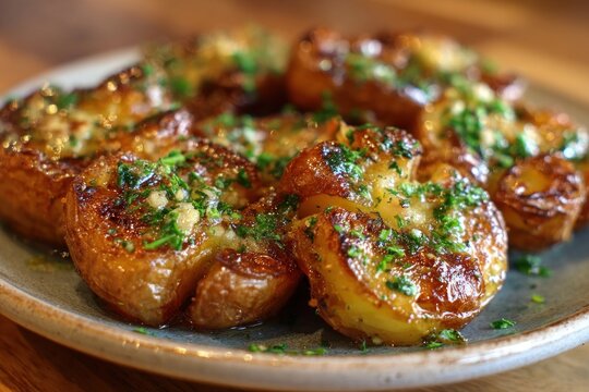 Crispy smashed potatoes with garlic butter glaze and parsley are on a rustic plate ready to eat