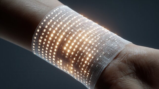 Glowing smart bandage wraps forearm, projecting soft indicators of healing and continuous vital monitoring clinical lighting highlights dotted LED grid, transparent adhesive conforms to skin, sensor