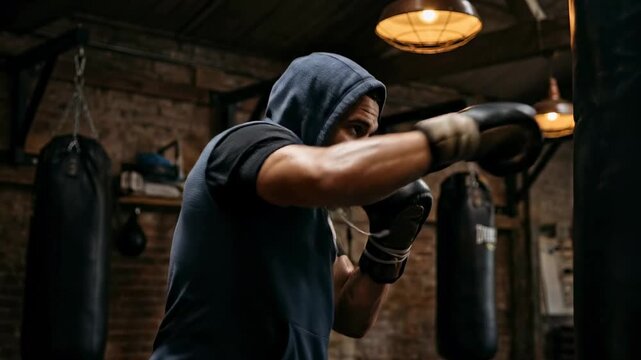 Boxer practices technique in training gym, wearing gloves and a hoodie. Focus on punching movements and skill improvement. Concept of fitness, sports training, boxing gym