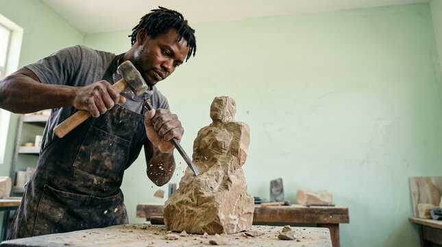 A sculptor meticulously carving a stone statue with a hammer and chisel in his workshop. The artist is focused, surrounded by his tools and works in progress