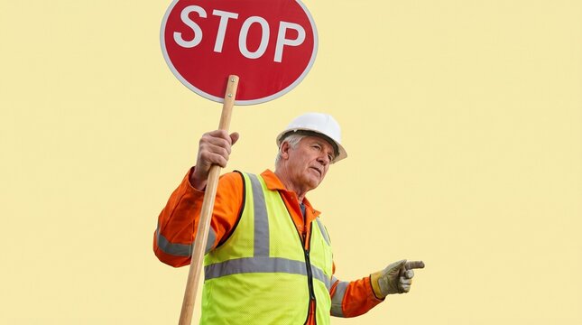 A construction worker wearing a hard hat and safety vest holds a stop sign and points with his other hand, signaling to halt