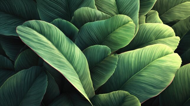 Overlapping tropical foliage displays rich textures and deep green tones.