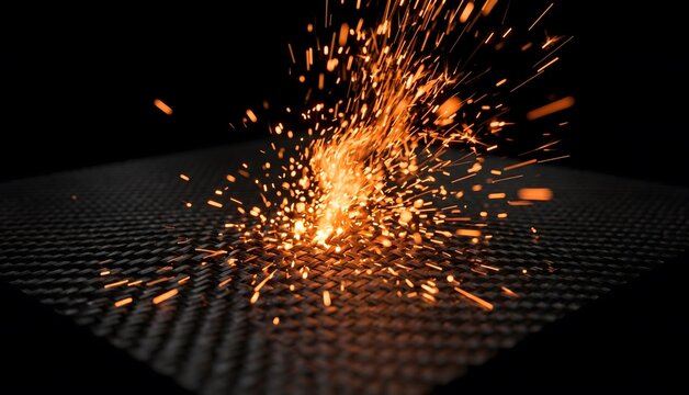 Bright orange energy sparks erupting on matte black carbon fiber misso material v69