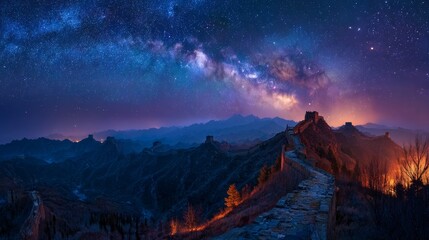 Obraz premium A breathtaking view of a starry night sky over a mountainous landscape
