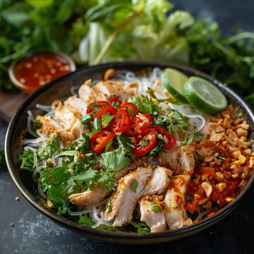 Thai yum woon sen glass noodle chicken salad herbs chili lime dressing fresh colors minimal background high detail food photography