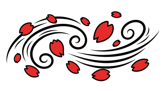 Red leaves falling from swirling black lines.