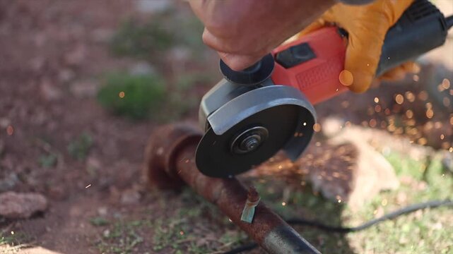 Man is cutting a metal list by angle grinder saw.