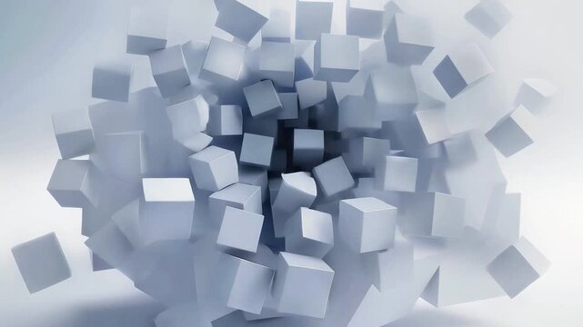 Animation of white cubes exploding and dispersing in 3d space with dynamic camera movement