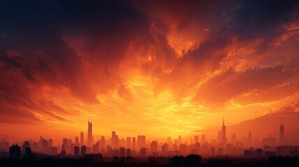 Naklejka premium A dramatic sunset over a city skyline