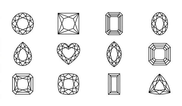 Geometric precious stones and jewelry crystals outline vectors