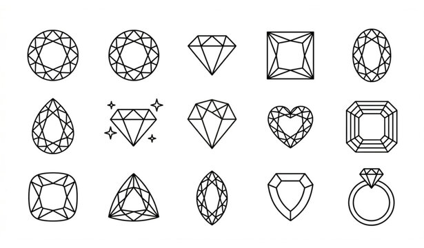 Diamond shapes, gemstone cuts, and engagement ring line art icon set