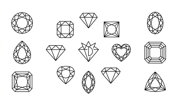 Diamond shapes and gemstone cuts line art icon set