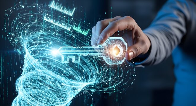 Digital Key Unlocking Futuristic Data Network Security Concept.