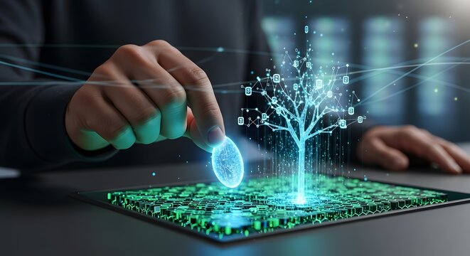 Digital Tree of Life Growing from Futuristic Circuit Board with Glowing Coin.