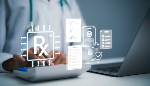 AI prescription management concept with digital healthcare workflow electronic medical documents smart pharmacy automation patient records processing and medical technology