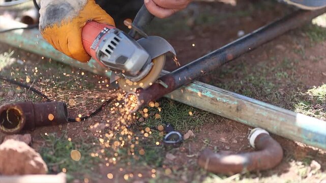 Man is cutting a metal list by angle grinder saw.
