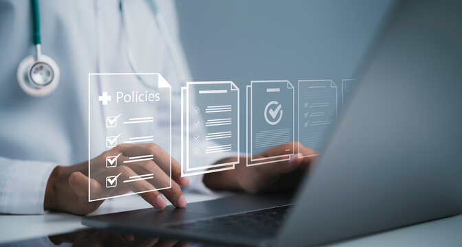 Healthcare policy management concept with doctor using laptop and digital checklist interface for medical compliance documentation insurance standards patient records, hospital administration workflow