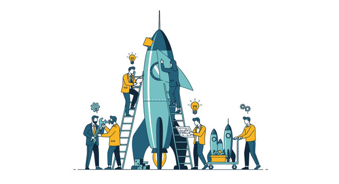 Team of business people building a rocket together for a startup launch concept.