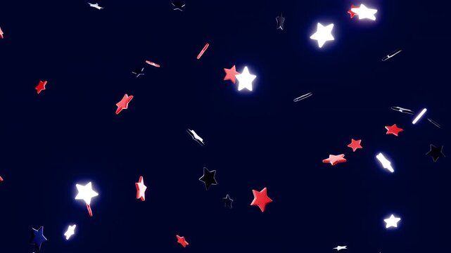 Horizontal 3D Independence Day 4th July falling stars night dark blue red white neon loop animation patriotic USA America background glow celebration holiday freedom festive abstract banner template