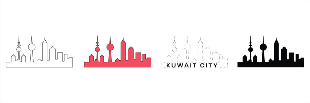 Kuwait city skyline silhouettes in four different styles