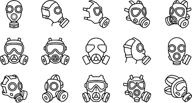 Safety  Protection Line Art Icons Set: Black and White Outline Glyph Doodles of Gas Masks and Respirators for Chemical, Biological  Hazardous Environments