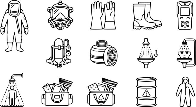 Safety equipment icons: hazmat suit, gas mask, gloves, boots, detector, respirator, showers, tool bag, barrel