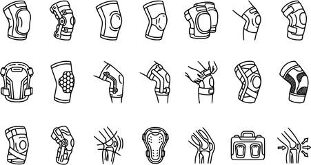 Black and White Line Art Icons of Knee Pads and Braces, Sports Protection Equipment © pixraw