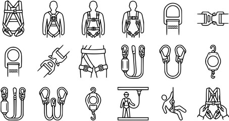Safety Harness Icons Set Black Line Art, Fall Protection Equipment Vector Graphics © pixraw