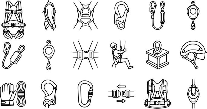 Work Safety and Fall Protection Equipment Line Art Icons. Outline Collection of Height Safety Gear, Climbing Harnesses, Carabiners, Helmets, Ropes, Pulleys.