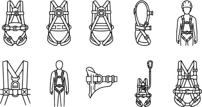 Black and White Line Art Icons of Fall Protection Safety Harnesses for Construction and Industrial Safety