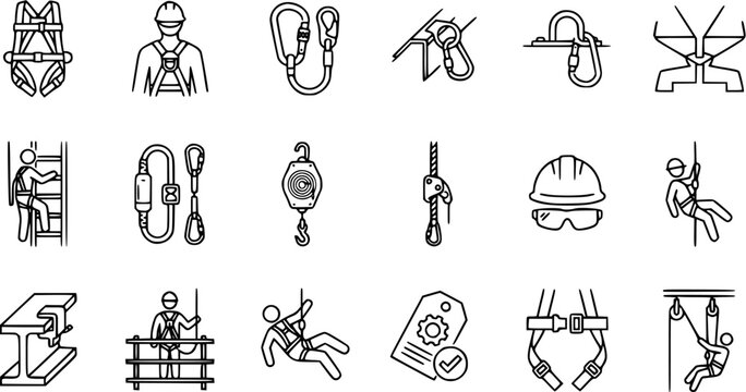Construction Fall Protection and Industrial Safety Equipment Line Art Icons. Outline Vector Set of Work at Height PPE, Harnesses, Helmets, and Anchoring Systems.