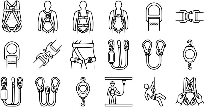 Safety Harness Icons Set Black Line Art, Fall Protection Equipment Vector Graphics