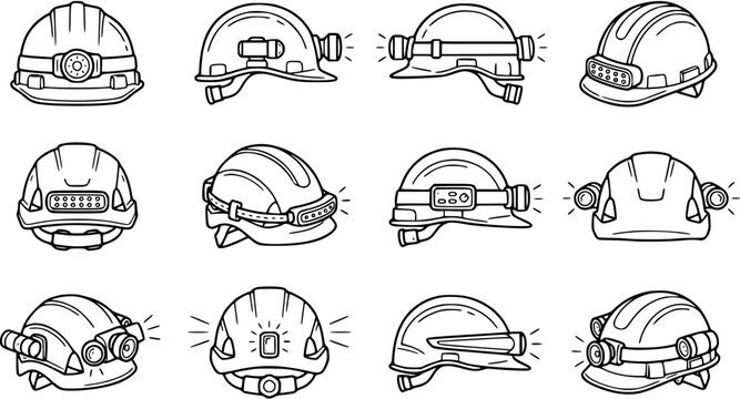 Black and white line art vector set of mining helmets and safety hard hats with headlamps. Outline icons for worker protection and industrial safety.