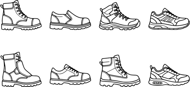 Black and White Line Art Icons Set of Work Safety Boots, Industrial Footwear, Hiking Shoes, and Athletic Sneakers for Safety and Outdoor Activities
