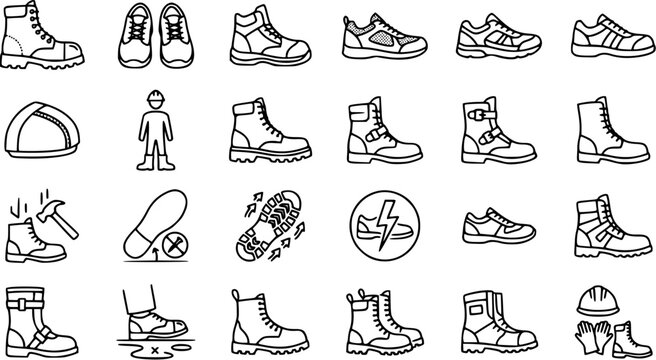 Occupational Safety Footwear and Protective Gear Black and White Line Art Icons Set