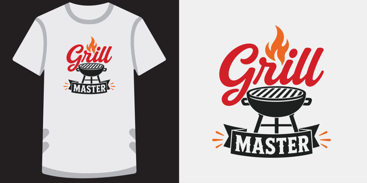 Grill master t shirt design with flames and barbecue equipment vector graphic illustration.