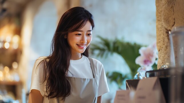Smiling Female Barista Serving Coffee in Cafe / カフェで笑顔でコーヒーをサービスする女性バリスタ