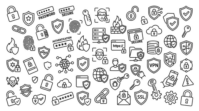 Comprehensive Cyber Security Line Icon Collection Featuring Data Protection Privacy Shields Locks Passwords and Network Safety Symbols for Web and Mobile UI Design