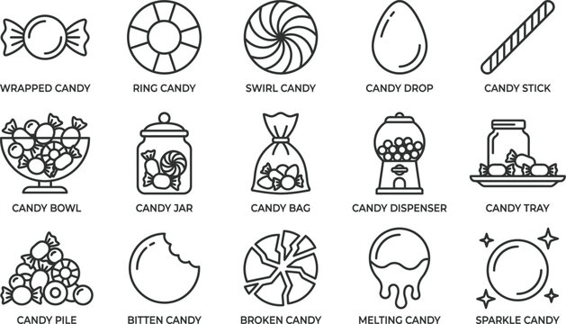 Comprehensive collection of various hard candy outline icons displayed