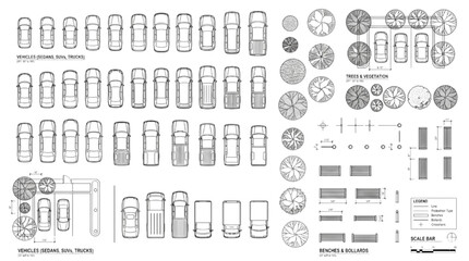 Extensive CAD asset library showcasing top-down architectural plan view elements, including diverse vehicles, trees, and site furniture for urban and landscape design © akila